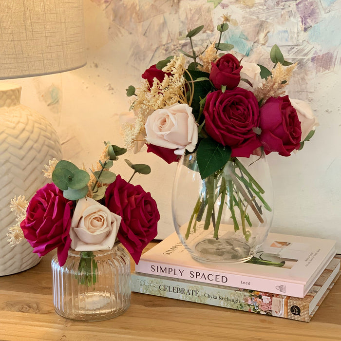 Modern Vintage Arrangement in Vase - Burgundy & Soft Pink